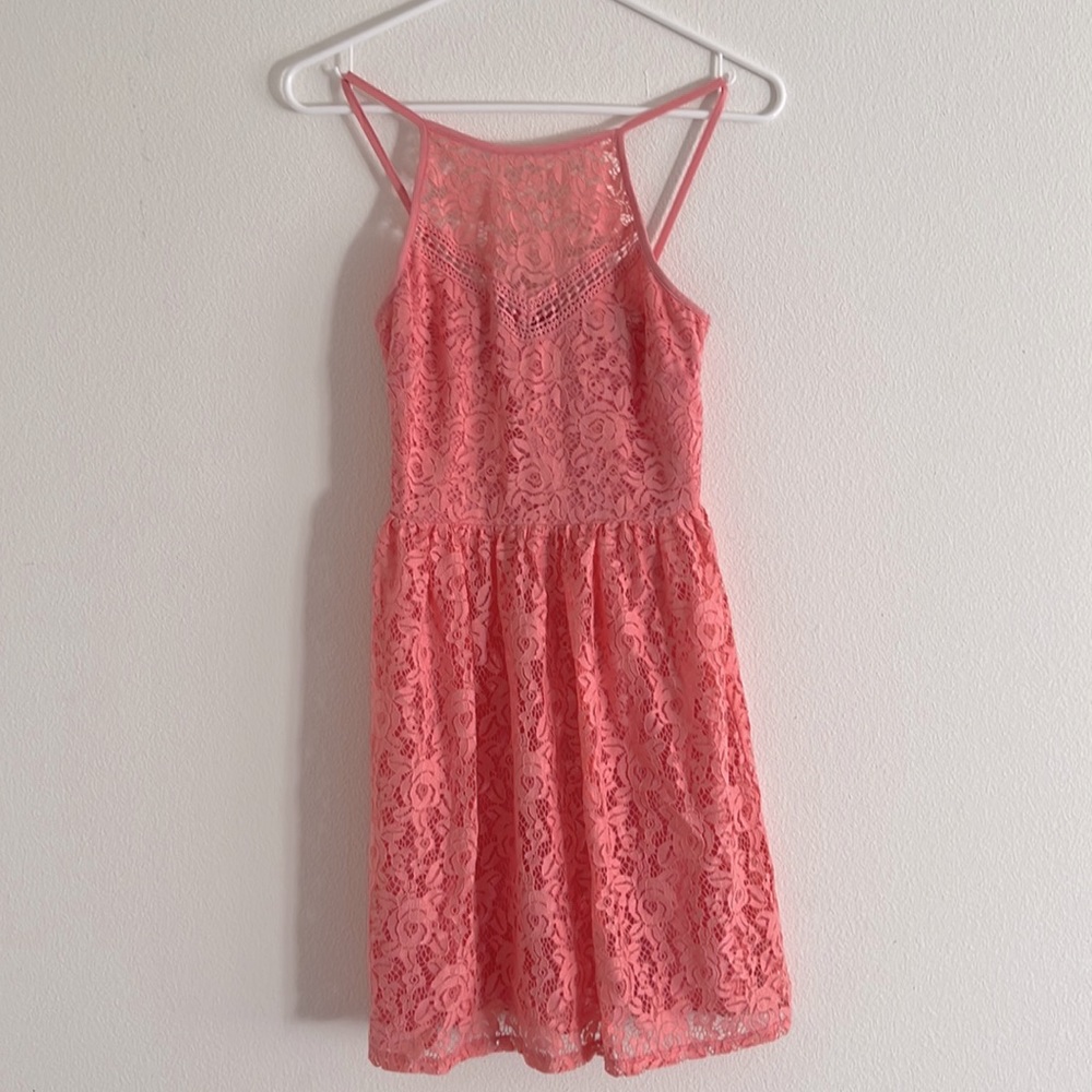 Coral lace dress.